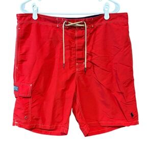 Polo Ralph Lauren Mens Red Cargo Swim Trunks Board Shorts XXL Pony Logo vintage